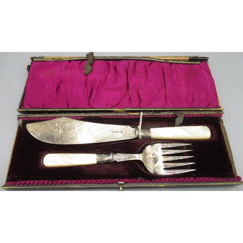 44 - Victorian silver cased fish serving set with mother of pearl handles and engraved silver detailing b... 