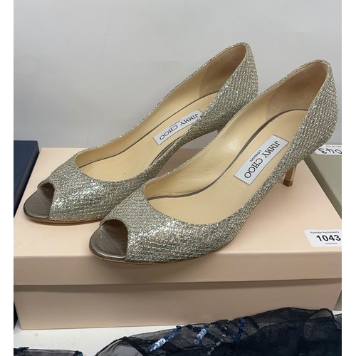 1043 - Vanessa Feltz collection - Pair of Jimmy Choo open toe champagne glitter pumps, size 5 1/2 with box ... 