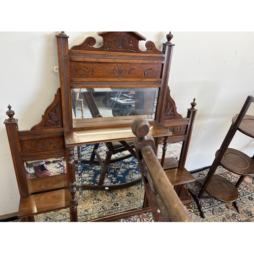 103 - Victorian mahogany overmantel mirror, H105cm; Edwardian oak three tier folding cake stand; and a fol... 