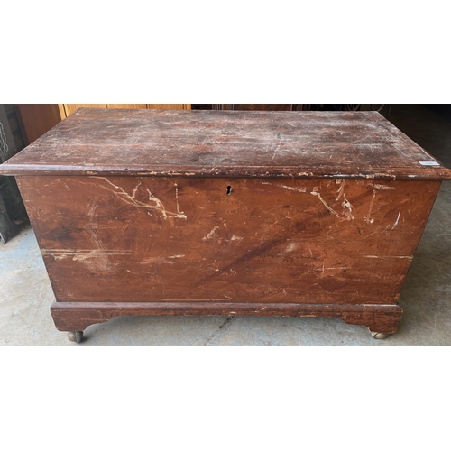 108 - Victorian stained pine rectangular blanket box, on later castors, W96cm D48cm H55cm