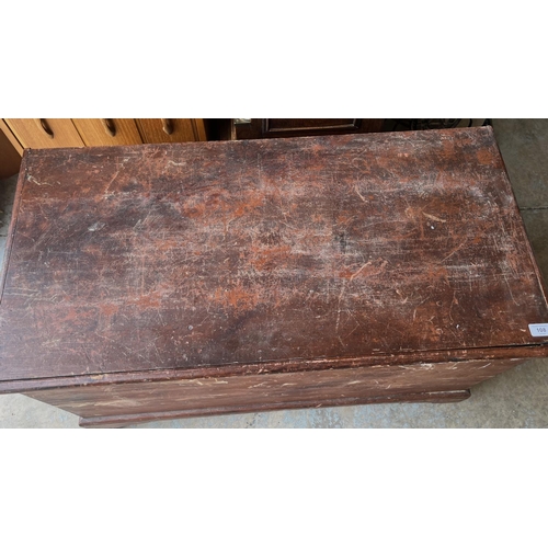 108 - Victorian stained pine rectangular blanket box, on later castors, W96cm D48cm H55cm