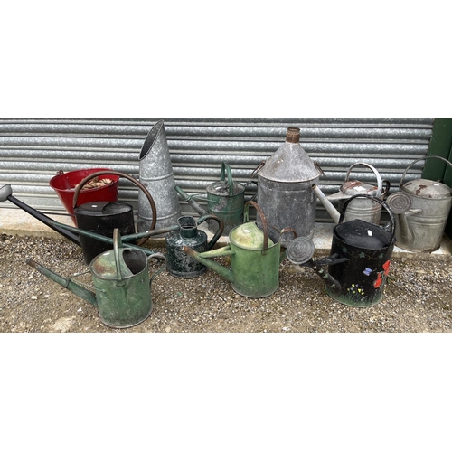 114A - Collection of vintage metal watering cans, fire bucket, etc. (11)