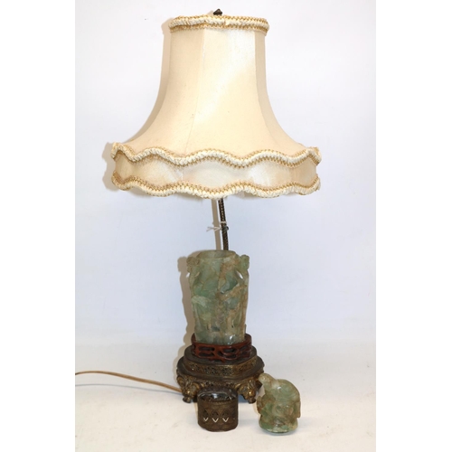 1265 - Chinese carved green quartz table lamp, A/F, H55cm