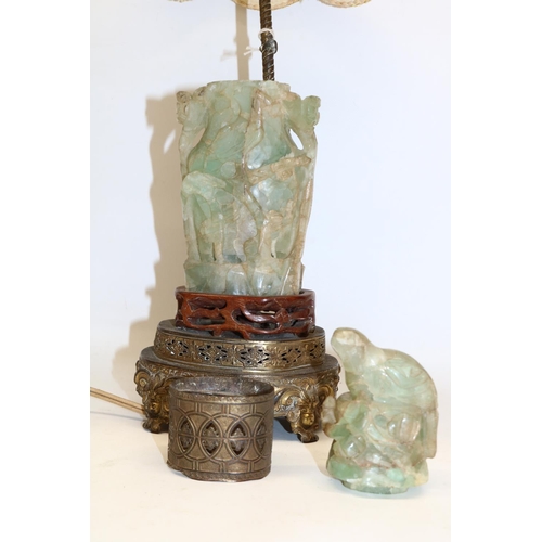 1265 - Chinese carved green quartz table lamp, A/F, H55cm