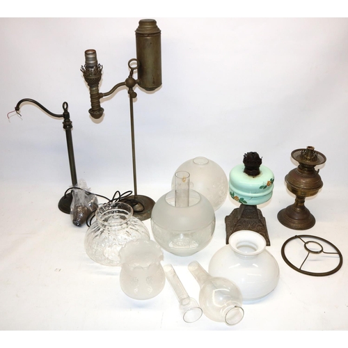 1267 - Group of late 19th century and later lamps and shades, incl. an oil lamp with opaline glass reservoi... 