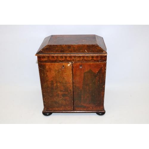 1269 - Early 19th century pen and printwork table top sewing cabinet, hinged lid opening to a fitted interi... 