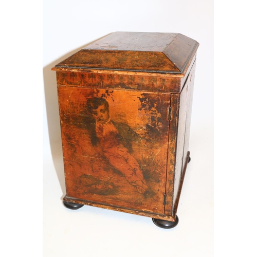 1269 - Early 19th century pen and printwork table top sewing cabinet, hinged lid opening to a fitted interi... 