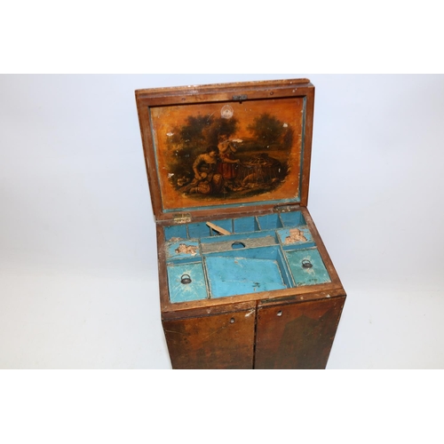 1269 - Early 19th century pen and printwork table top sewing cabinet, hinged lid opening to a fitted interi... 