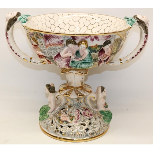 409 - Large Capodimonte two handled pedestal centrepiece, decorated with classical scenes, H32cm