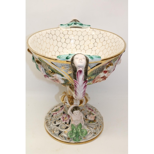 409 - Large Capodimonte two handled pedestal centrepiece, decorated with classical scenes, H32cm