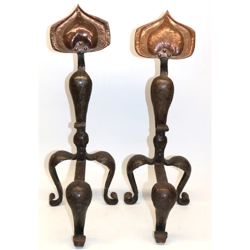 688 - Pair of Arts & Crafts copper and wrought iron andirons, H56cm