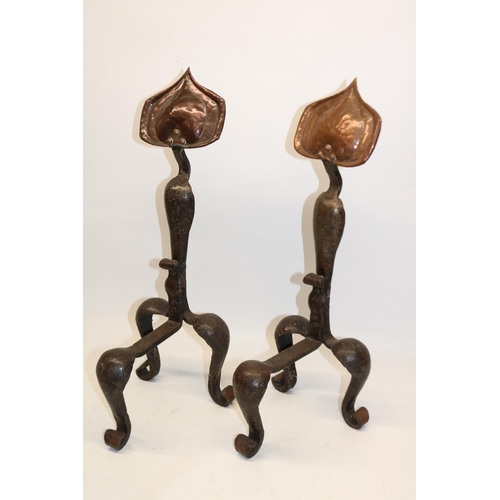 688 - Pair of Arts & Crafts copper and wrought iron andirons, H56cm