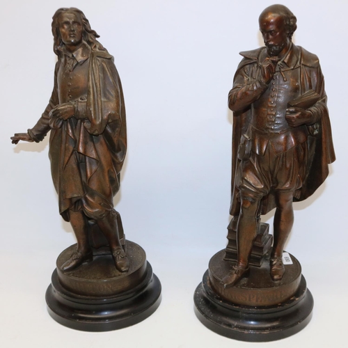 690 - Late 19th/early 20th century bronzed spelter figures of Milton and Shakespeare, mounted on circular ... 