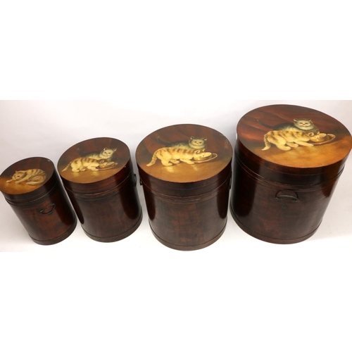 697 - Set of four contemporary graduated circular wooden boxes painted with cats, folk art style, max. H40... 