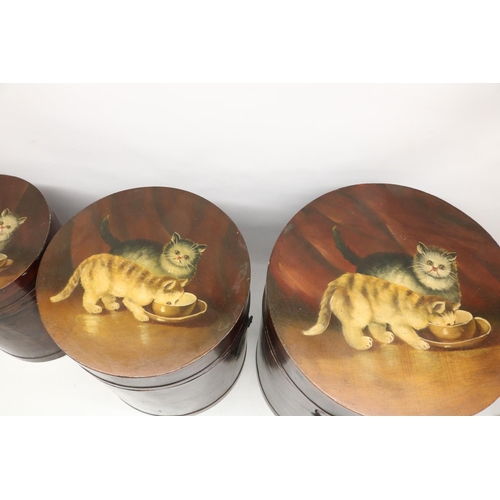 697 - Set of four contemporary graduated circular wooden boxes painted with cats, folk art style, max. H40... 