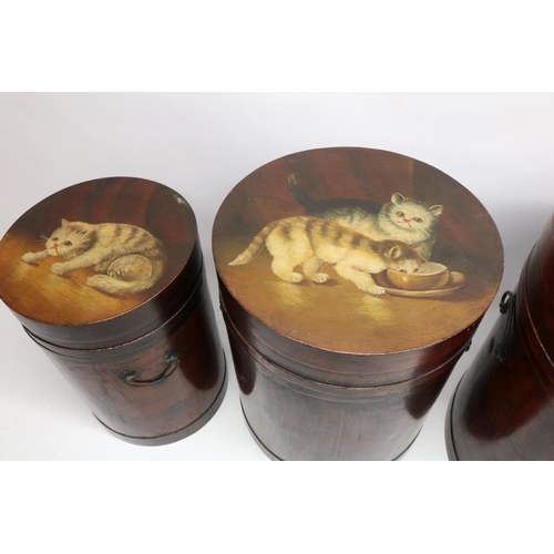 697 - Set of four contemporary graduated circular wooden boxes painted with cats, folk art style, max. H40... 