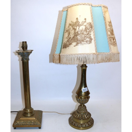 701 - Large brass Corinthian column table lamp base, H52cm; and a brass-finish lamp with shade (2)