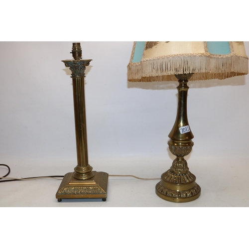 701 - Large brass Corinthian column table lamp base, H52cm; and a brass-finish lamp with shade (2)