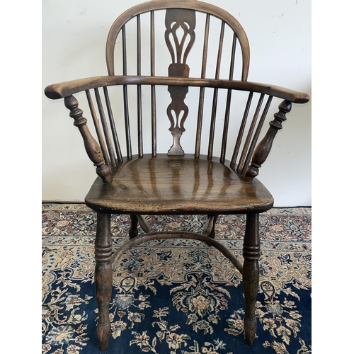 600 - 19th century ash and elm low back Windsor chair, with pierced splats, on turned supports with crinol... 