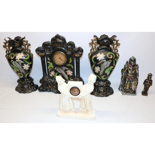 92 - Late Victorian ceramic clock garniture decorated with birds and flowers, H48cm; Art Deco plaster man... 