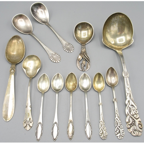 1011 - Collection of Danish silver spoons incl caddy spoon with floral handle by Christian F. Heise 1947, s... 