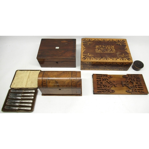 1028 - Walnut storage box with a domed top and decorated with cross banded veneer with two compartments ins... 