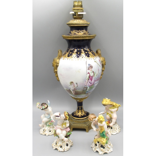 1045 - Vanessa Feltz collection - Dresden style porcelain lamp with gilt metal mounts, depicting a cherub a... 