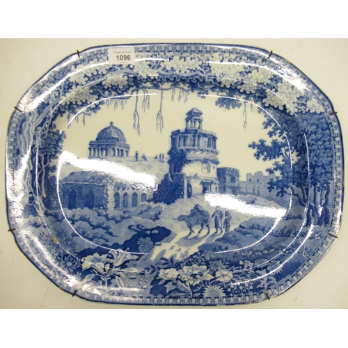 1096 - 19th century blue and white transfer meat platter, decorated with ruins near Firoz, Delhi, stamped R... 