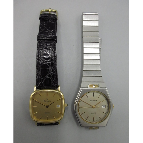 538 - Bulova stainless steel quartz wristwatch with date, signed parchment coloured dial, applied baton ho... 