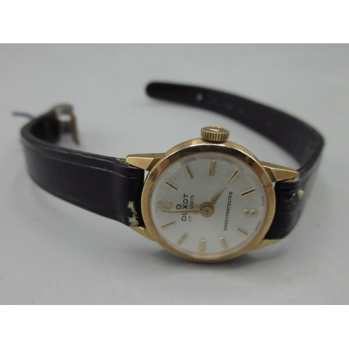 540 - Ladies Duxot 14K gold wristwatch, signed silvered sunburst dial, applied baton hours, signed snap on... 