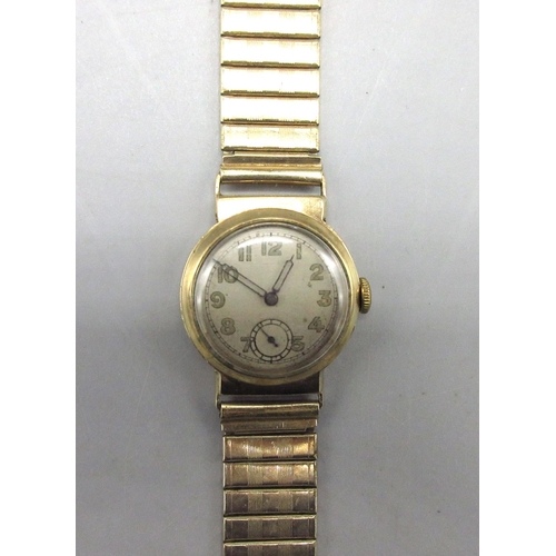 563 - 1940's Swiss 9ct gold Patent trench watch, silvered Arabic dial, subsidiary seconds, screw off case ... 