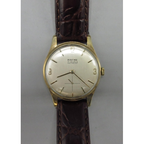 564 - 1970's Baume 9ct gold presentation wristwatch, signed brushed silvered dial, Arabic and baton indice... 