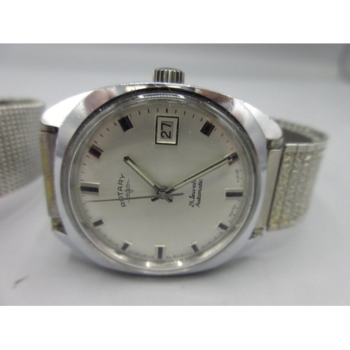 570 - Rotary stainless steel automatic wristwatch with date, signed silver dial, applied baton indices, ce... 