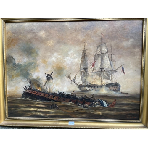 710 - WITHDRAWN John Trickett (British b.1953); Sea Battle with sinking gun ship, oil on canvas, signed, 6... 