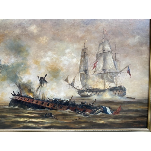 710 - WITHDRAWN John Trickett (British b.1953); Sea Battle with sinking gun ship, oil on canvas, signed, 6... 