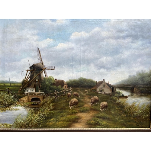 713 - WITHDRAWN English School (Early 20th century); Riverside landscape with windmill, sheep and boatman,... 