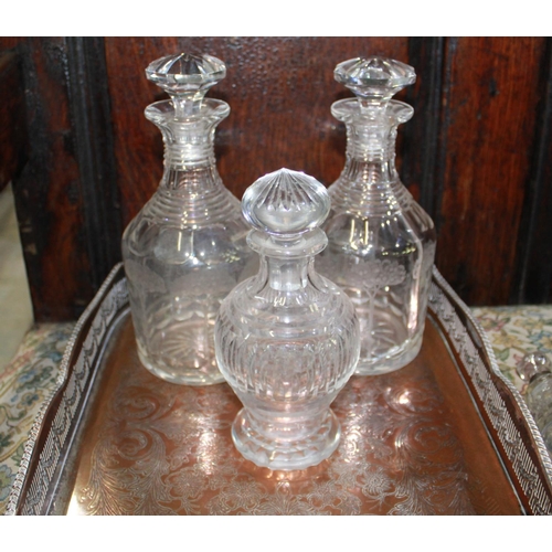 1222 - Pair of mallet shaped decanters etched with trees, one cracked, another smaller decanter, and an EPN... 