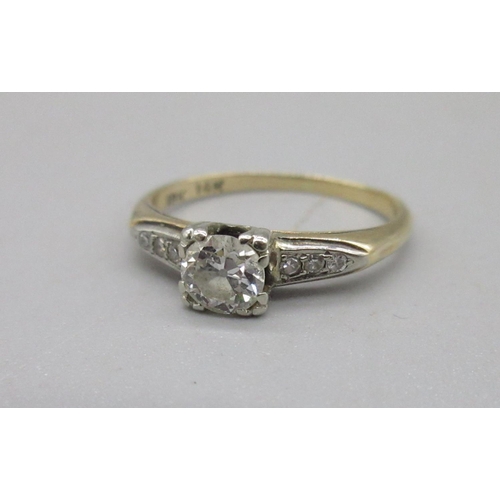 1279 - 18ct yellow gold diamond solitaire ring, the brilliant cut diamond in square mount, on diamond mount... 