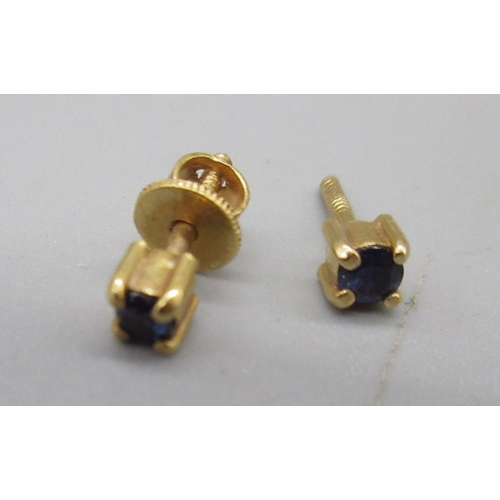 1280 - Pair of yellow metal sapphire screw back stud earrings, unmarked (one missing back), 1.09g, a 14ct y... 