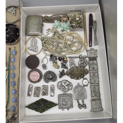 1297A - Collection of jewellery including Indian white metal, faux pearls, an early 20th Century green brooc... 