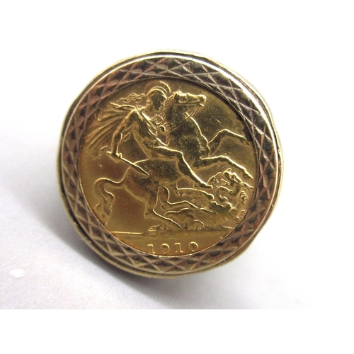 22 - 1910 half sovereign mounted in in gold ring, hallmarks worn, size S, 7.81g
