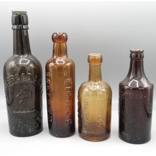 237 - Four antique amber glass bottles, including Globe, Whitbread and Co. London, Robinson and Speight Hu... 