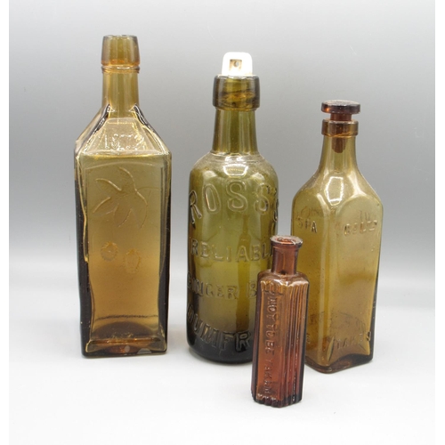 239 - Four antique amber glass bottles, including Dr Soules Hop Bitter dated 1872, Ross's Reliable Ginger ... 