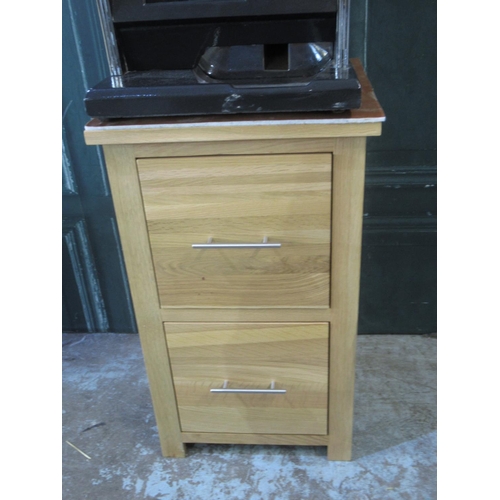 597 - Money Matador One Armed Bandit Slot Machine, H82cm W48.5cm D45cm , A/F , on a oak 2 drawer cabinet