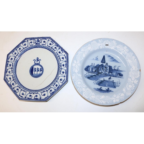 1068 - 18th/19th century Chinese export blue and white octagonal plate, and a tin glazed English delftware ... 