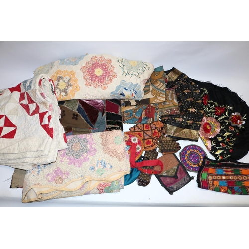 1282 - Collection of various textiles incl. patchwork quilts, Indian items, Spanish shawl, etc. (2 boxes)