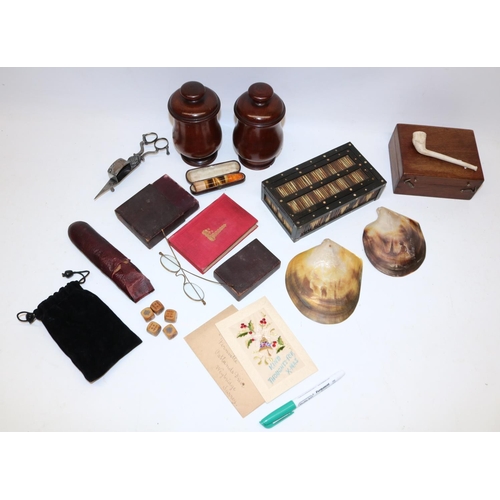 132 - Two treen mahogany tobacco jars and covers, a porcupine quill box, a pair of yellow metal spectacles... 