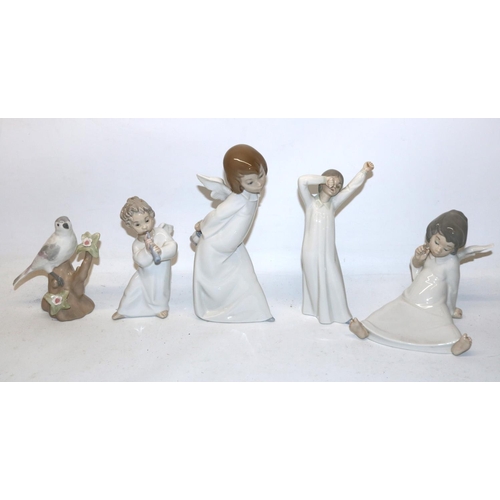 414 - Three Lladro figures of angels, a Nao figure of a yawning child, and a Casades bird, max. H24cm (5)