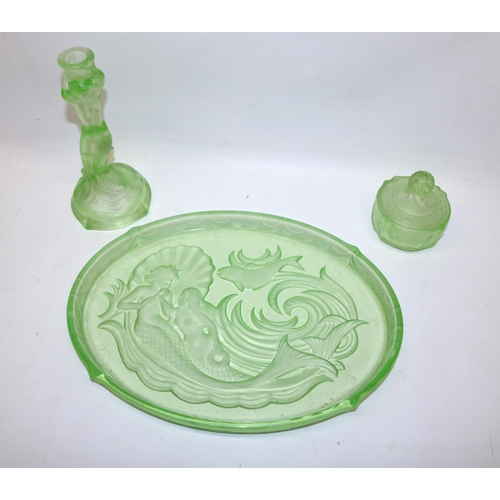 81 - 1930s Walther & Sohne Art Deco frosted green uranium glass 'Nymphen' range dressing table items, com... 