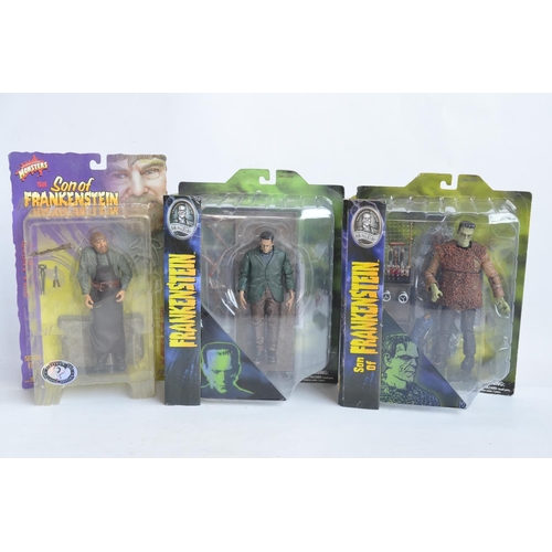 1113 - WITHDRAWN Three Frankenstein related action figure models, all in mint condition inside at least goo... 